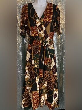 Cato Geometric Chain Print Wrap Midi Dress Small Short Sleeve Faux Wrap Stretch